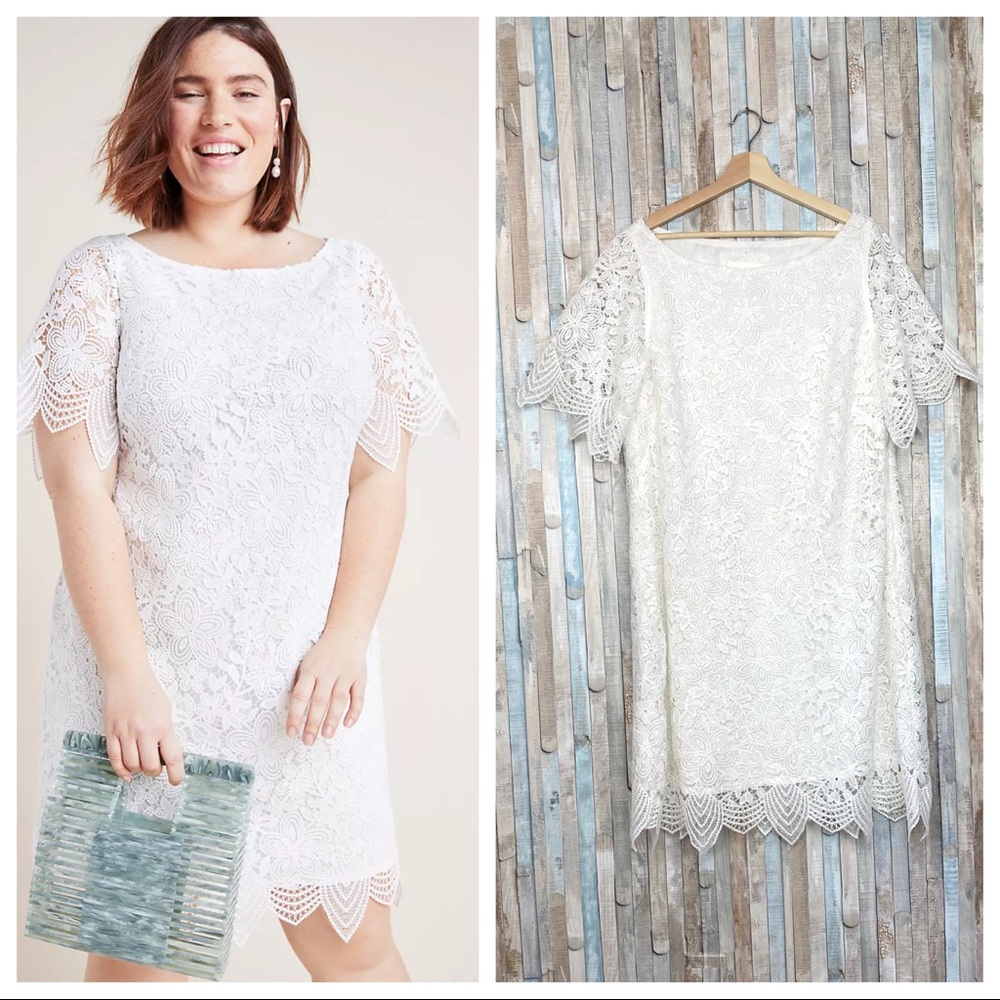 Anthropologie 18W White Charleston Lace Mini Dress Scalloped Shift Wedding Plus
